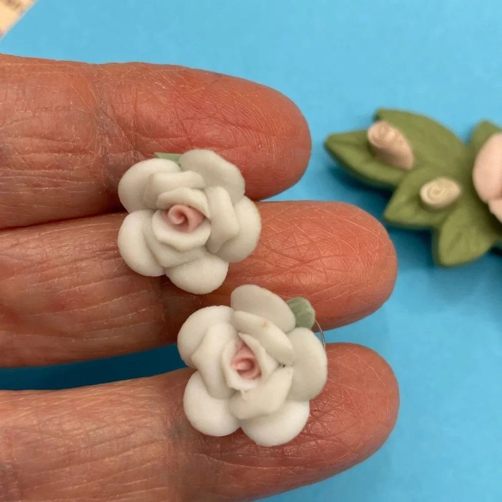 Porcelain Floral Brooch & Pierced Post Earrings Set
